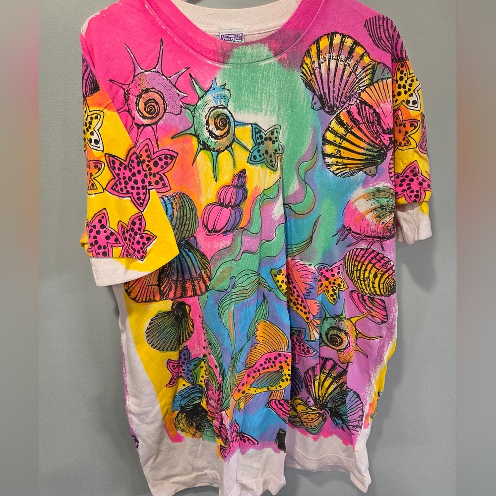 Vintage 90s Freeze Tag "Clothing For Cool People" Tropical Fish Coral All Over P